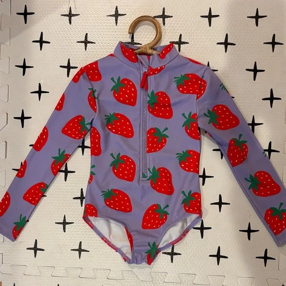 Mini Boden Purple Long-Sleeve Strawberry Swimsuit - Picture 6 of 6